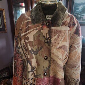 WEAVZ Vegan Suede Patchwork Boho Jacket S — Faux Fur Collar & Trim, Button Front